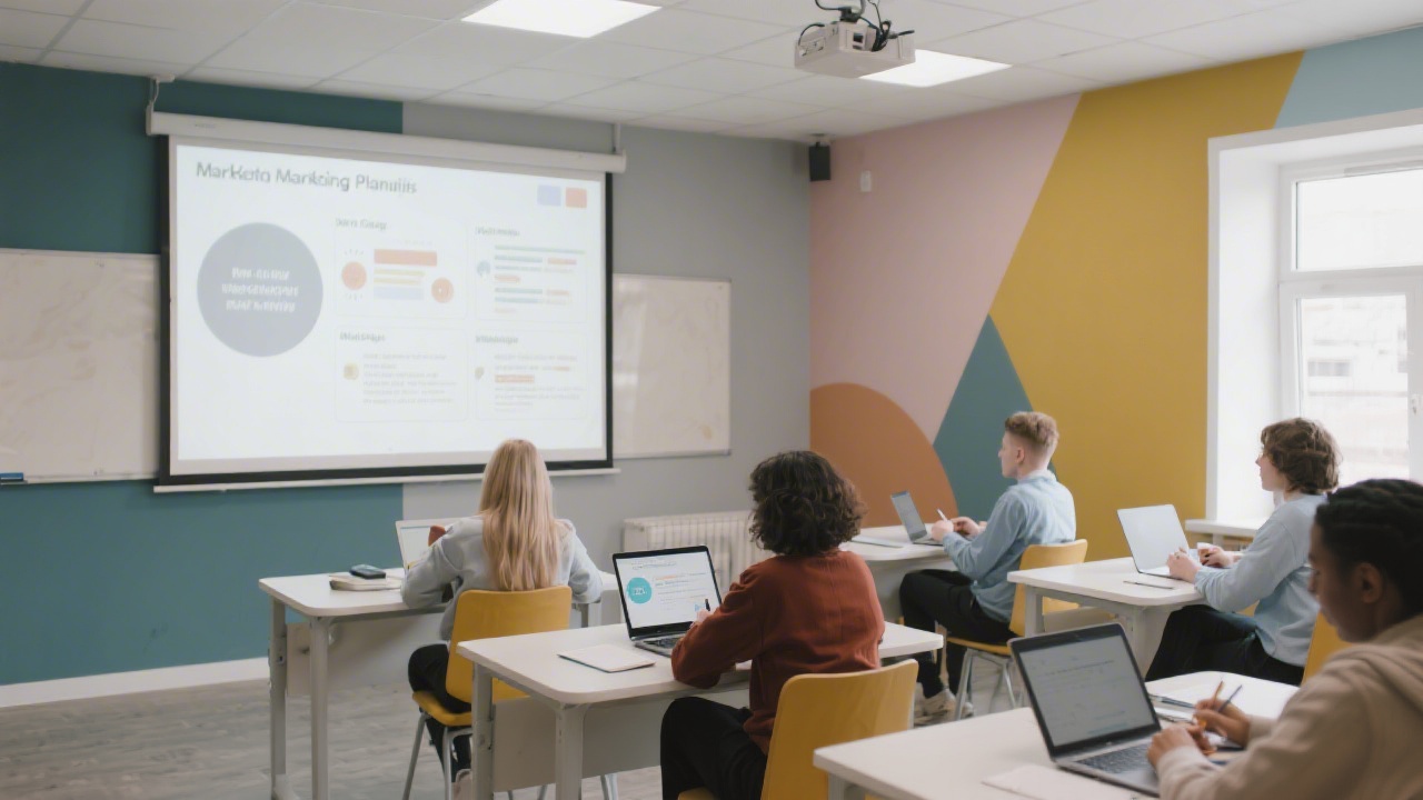 Modern classroom style studio with neutral colors, a projector screen displaying marketing planning slides, and students taking notes with laptops in a calm, structured atmosphere.