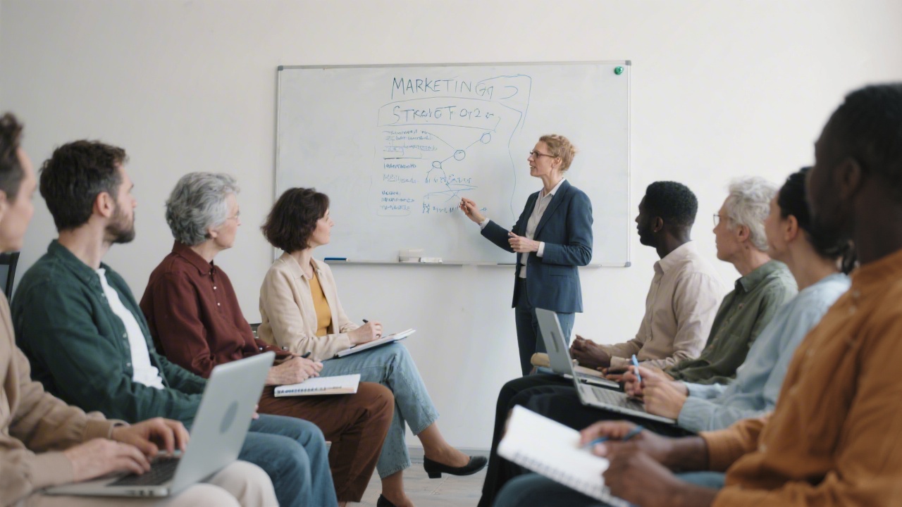 Group of adult learners seated with laptops and notebooks during a training session, listening to a facilitator explain marketing strategy on a whiteboard.