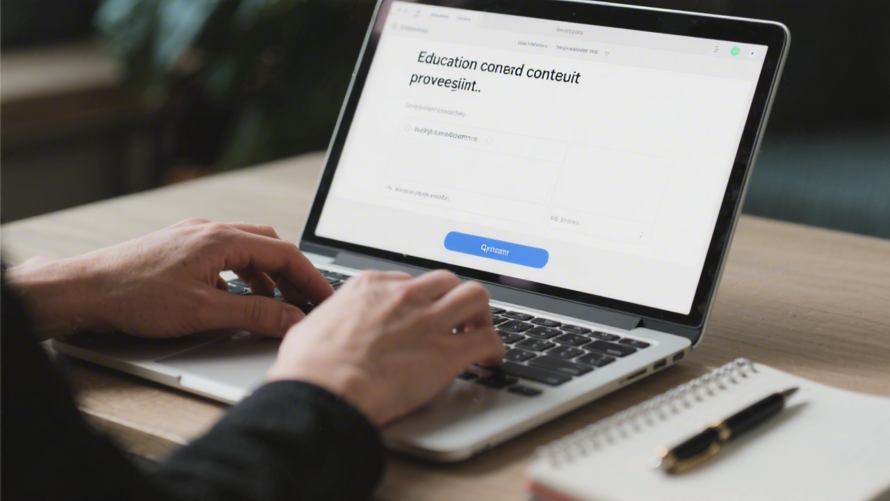Close-up of hands typing an enquiry on a laptop with a notebook and pen beside it, representing a professional contact request to an education provider.