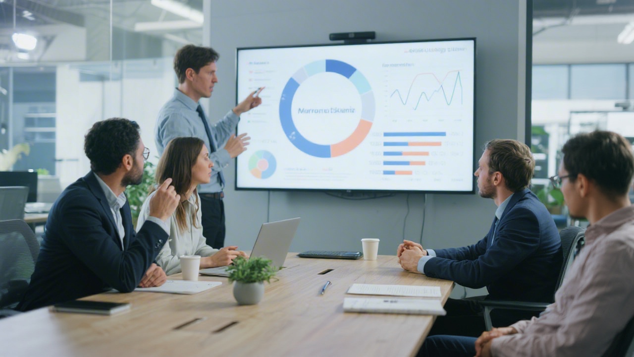 Small team meeting in a modern office, reviewing a marketing plan on a large screen and discussing performance metrics, representing corporate upskilling sessions.