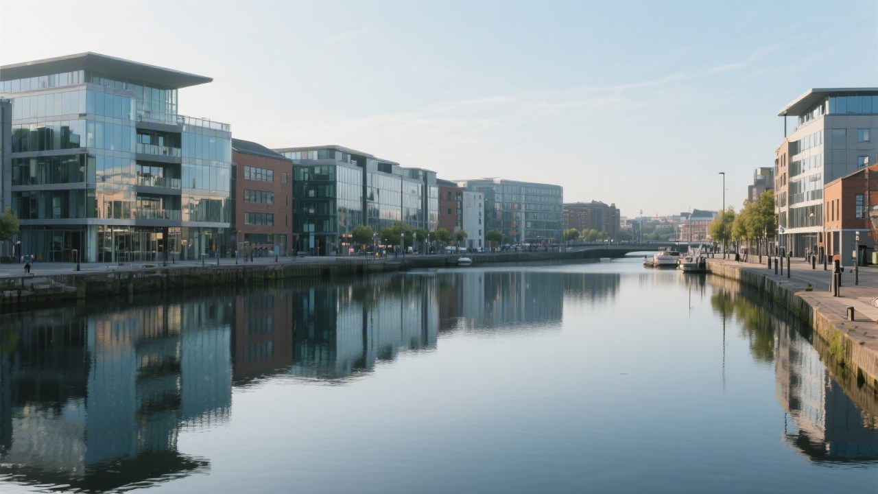 Wide view of Dublin’s Grand Canal Dock area with modern offices and calm water reflections, representing the local business environment where digital marketing skills are applied.