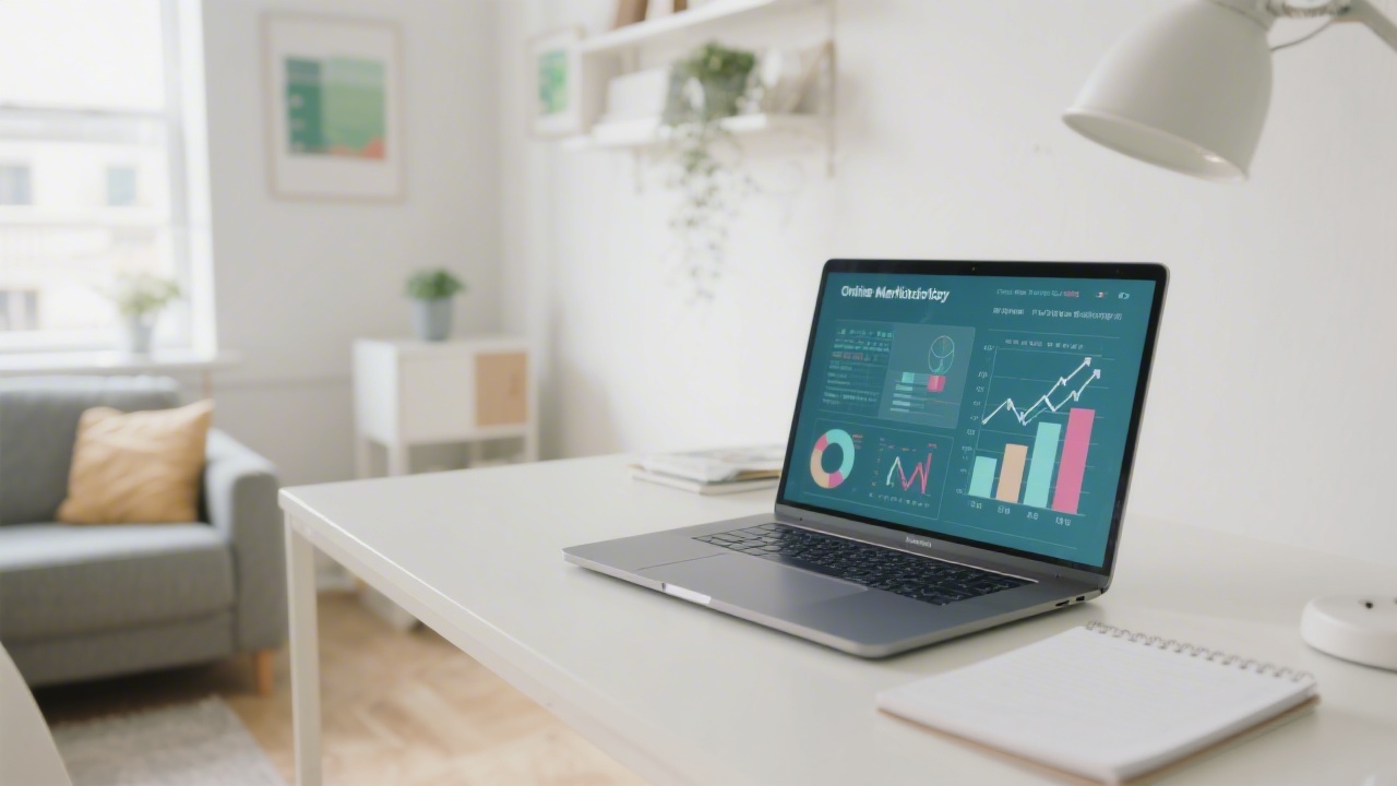 Bright modern home office with laptop, notepad, and marketing charts on screen, conveying a professional digital learning environment suitable for online marketing students in Ireland.