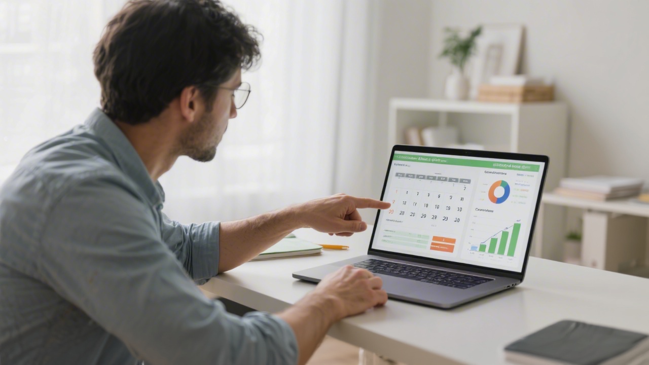 Tutor reviewing a learner’s marketing plan on a laptop screen, pointing at a content calendar and performance chart while discussing feedback in a calm workspace.