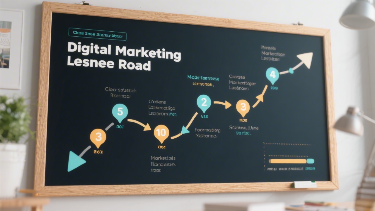 Graphic style board showing a learning roadmap with milestones, arrows, and progress markers, illustrating a clear study pathway for digital marketing learners.