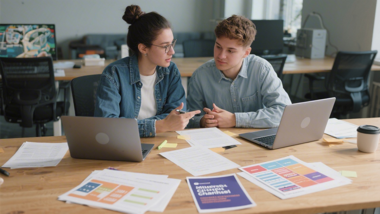 Two learners collaborating at a table with laptops, printed briefs, and campaign mockups, discussing objectives and timelines for a multi-channel marketing project.