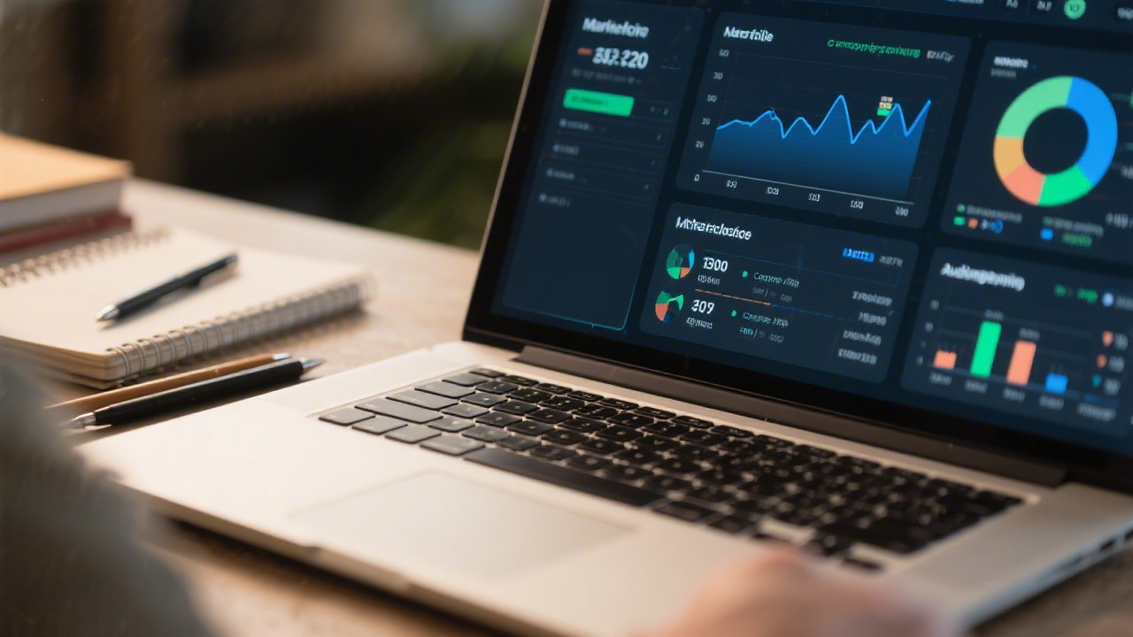 Close-up of a marketing dashboard showing traffic charts, campaign performance, and audience breakdowns on a laptop screen, with notebooks and pens nearby for study notes.